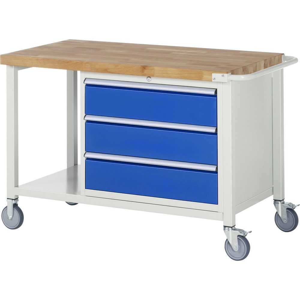 RAU mobile Werkbank Serie 8000, 1 Ablageboden, HxBxT 880-1.080 x 1.250 x 700 mm, 3 x 100%-Auszug-Schubladen, Breite 680 mm