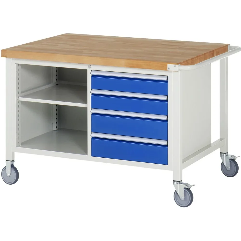 RAU mobile Werkbank Serie 8000, 1 Doppel-Container, 1 Fachboden, HxBxT 880-1.080 x 1.250 x 900 mm, 4 x 100%-Auszug-Schubladen