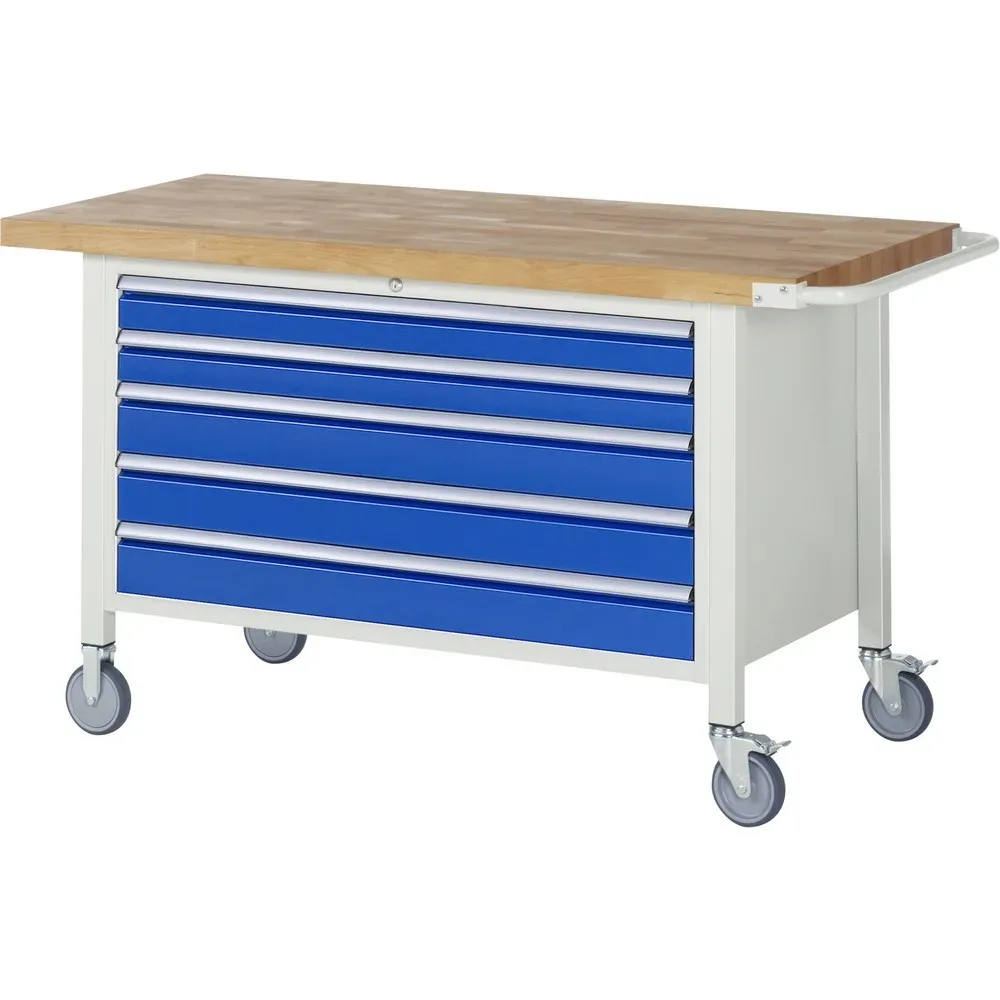 RAU mobile Werkbank Serie 8000, 1 Container, HxBxT 880-1.080 x 1.500 x 700 mm, 5 x 100%-Auszug-Schubladen, Breite 1.055 mm