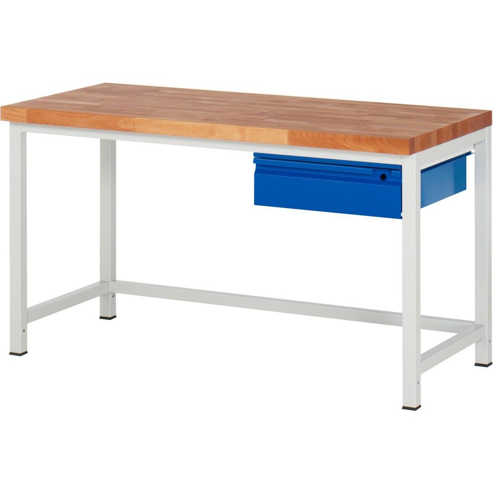 RAU Werkbank Serie 8000, Buche-Massiv-Arbeitsplatte, Stärke 40 mm, HxBxT 840-1.040 x 1.500 x 700 mm, 1 Schublade 1 x 150 mm
