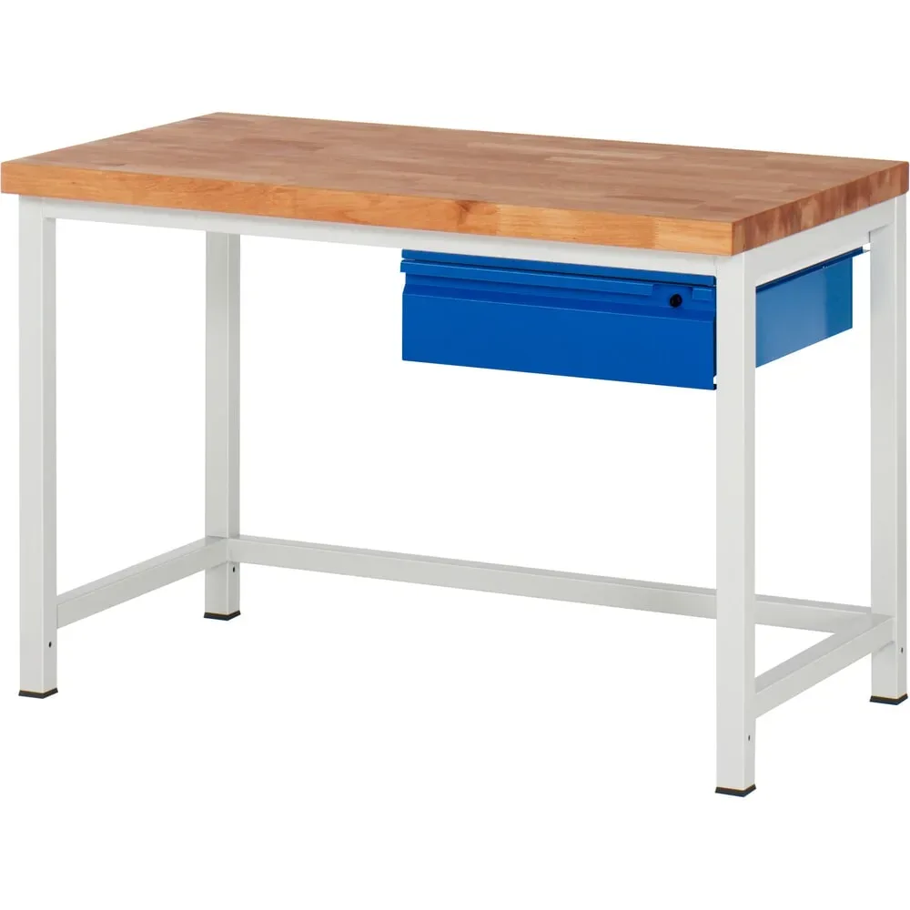 RAU Werkbank Serie 8000, Buche-Massiv-Arbeitsplatte, Stärke 40 mm, HxBxT 840 x 1.250 x 700 mm, 1 Schublade 1 x 150 mm