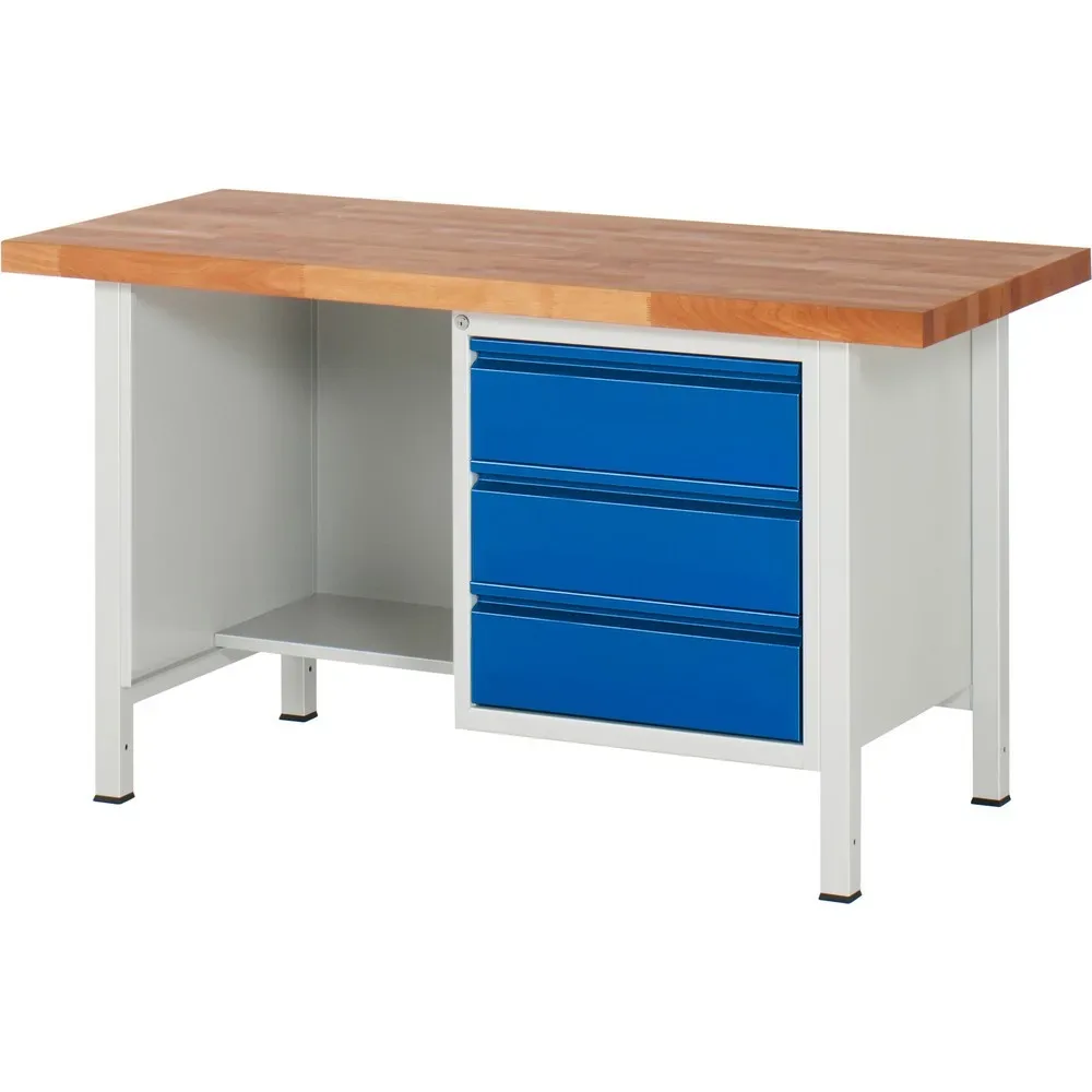 RAU Werkbank Serie 8000, 1 Ablageboden, HxBxT 840 x 1.500 x 700 mm, 3 x 90%-Auszug-Schubladen