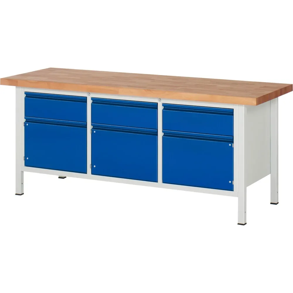 RAU Werkbank Serie 8000, 1 Dreifach-Container, 3 Flügeltüren, HxBxT 840 x 2.000 x 700 mm, 3 x 90%-Auszug-Schubladen, integrierte Griffleiste