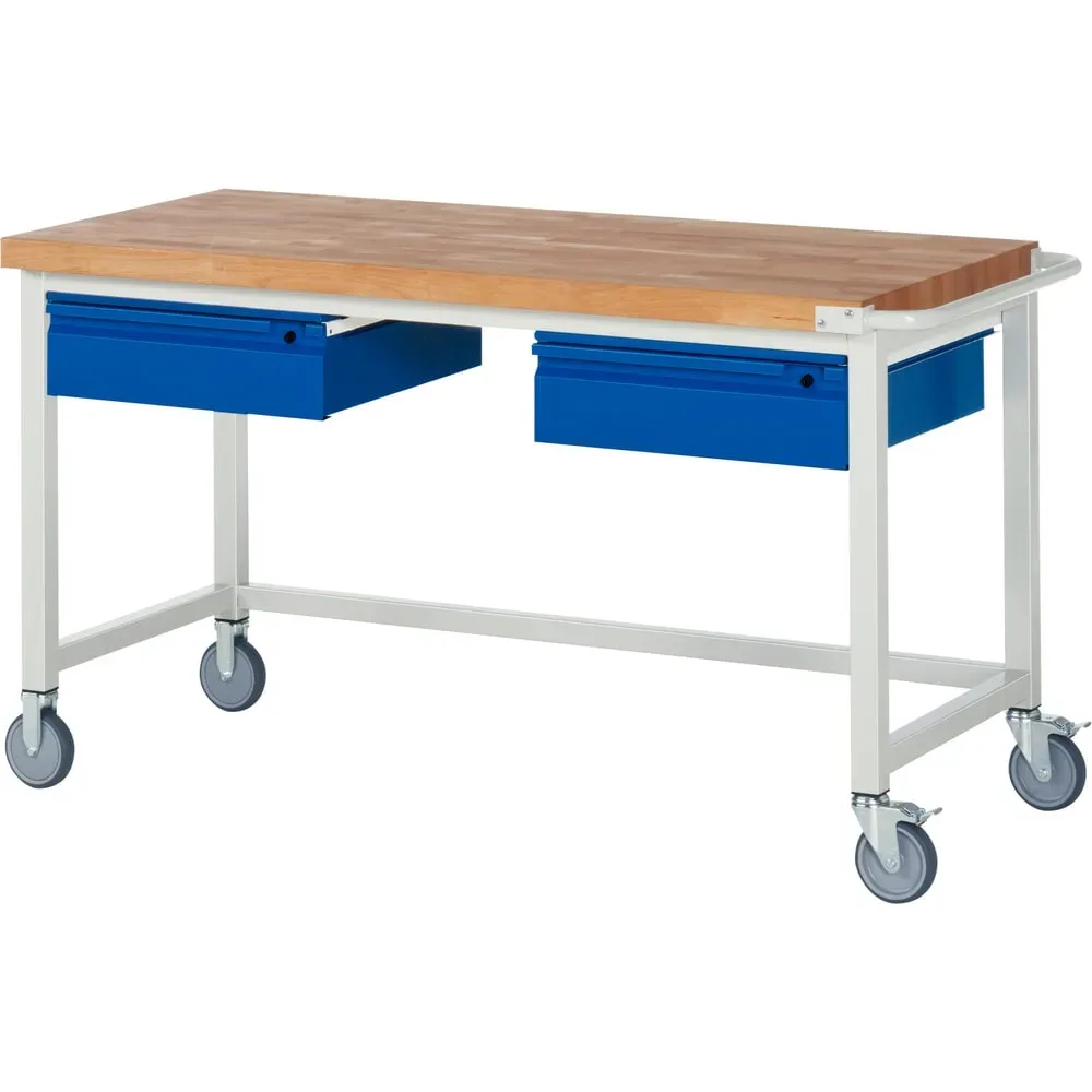 RAU mobile Werkbank Serie 8000, Buche-Massiv-Arbeitsplatte, Stärke 40 mm, HxBxT 880 x 1.500 x 700 mm, 2 Schubladen