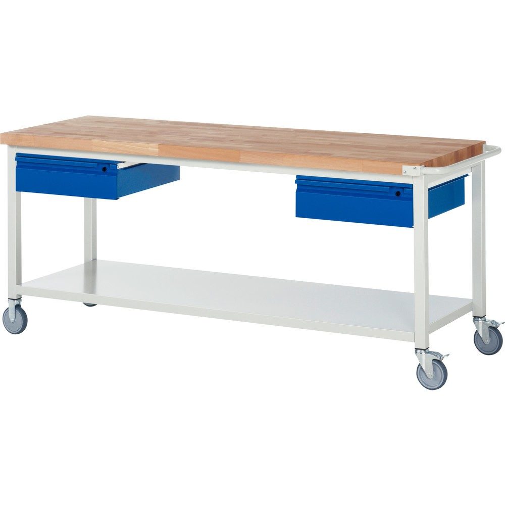 RAU mobile Werkbank Serie 8000, Buche-Massiv-Arbeitsplatte, Stärke 40 mm, HxBxT 880 x 2.000 x 700 mm, 2 Schubladen, 1 Ablageboden