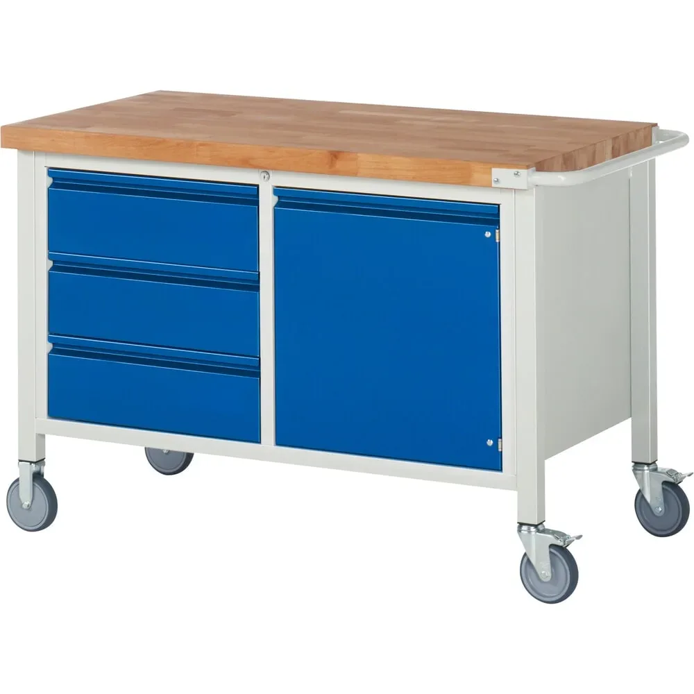 RAU mobile Werkbank Serie 8000, 1 Doppel-Container, 1 Flügeltür, HxBxT 880 x 1.250 x 700 mm, 3 x 90%-Auszug-Schubladen, integrierte Griffleiste