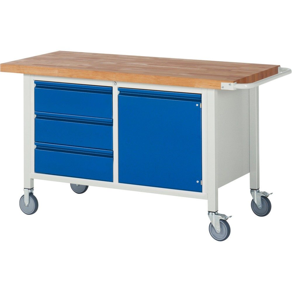 RAU mobile Werkbank Serie 8000, 1 Doppel-Container, 1 Flügeltür, HxBxT 880 x 1.500 x 700 mm, 3 x 90%-Auszug-Schubladen, integrierte Griffleiste