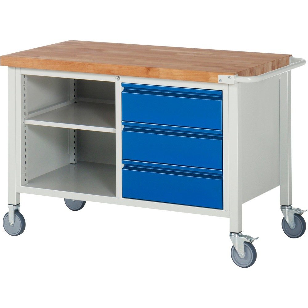 RAU mobile Werkbank Serie 8000, 1 Doppel-Container, 1 Fachboden, HxBxT 880 x 1.250 x 700 mm, 3 x 90%-Auszug-Schubladen, integrierte Griffleiste