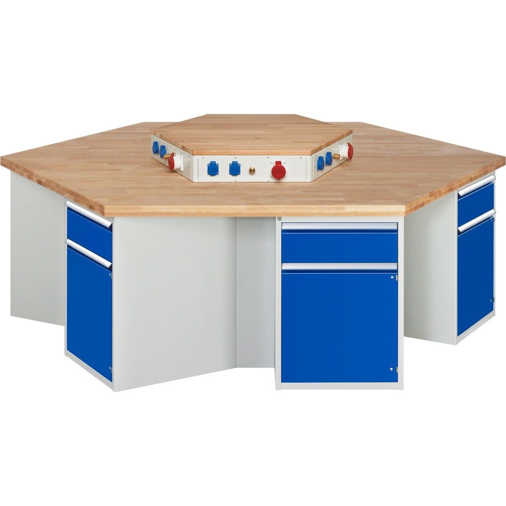 RAU Gruppenwerkbank Serie 4000, Energieaufsatz, 6 Container, Sockel, HxBxT 890 x 2.700 x 2.340 mm, 6 Flügeltüren, 6 x 100%-Auszug-Schubladen mit ErgoScript®