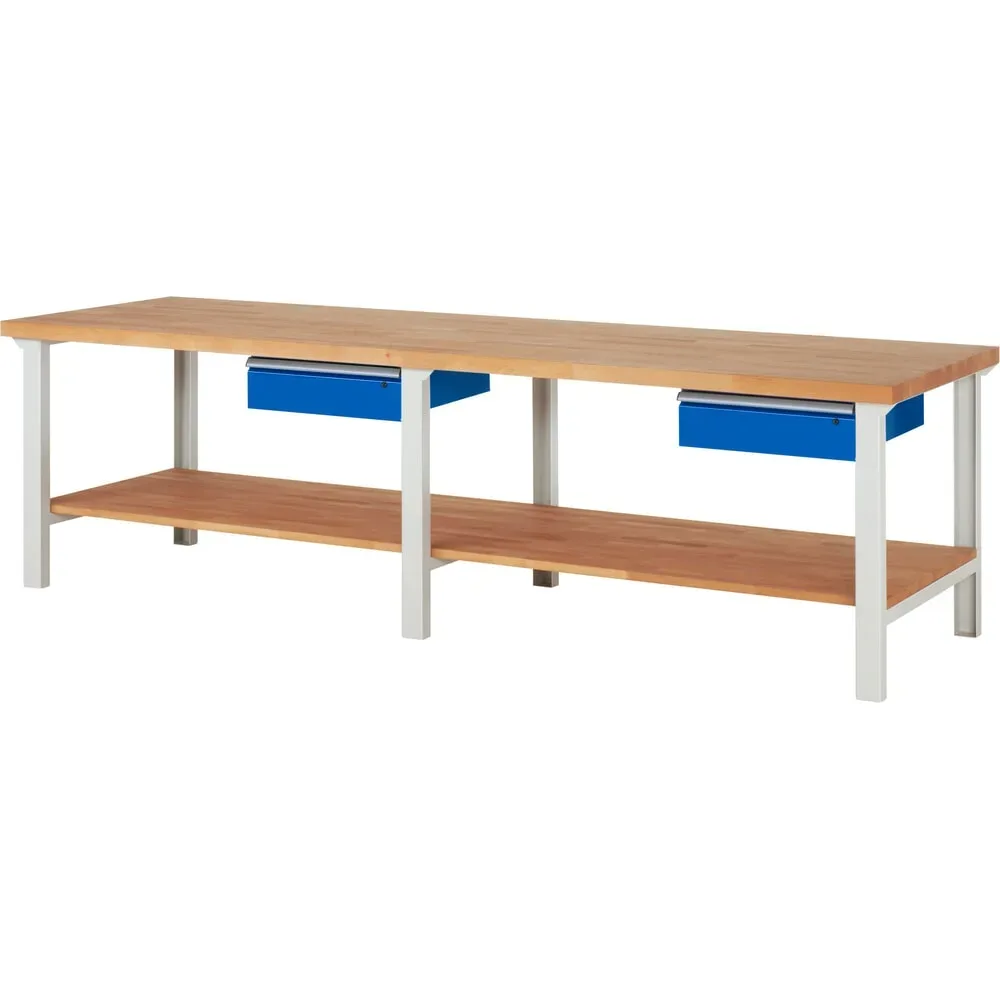 RAU Werkbank Serie 7000, 1 Buche-Massiv-Ablageboden, HxBxT 840 x 3.000 x 900 mm, 2 Schubladen 2 x 150 mm