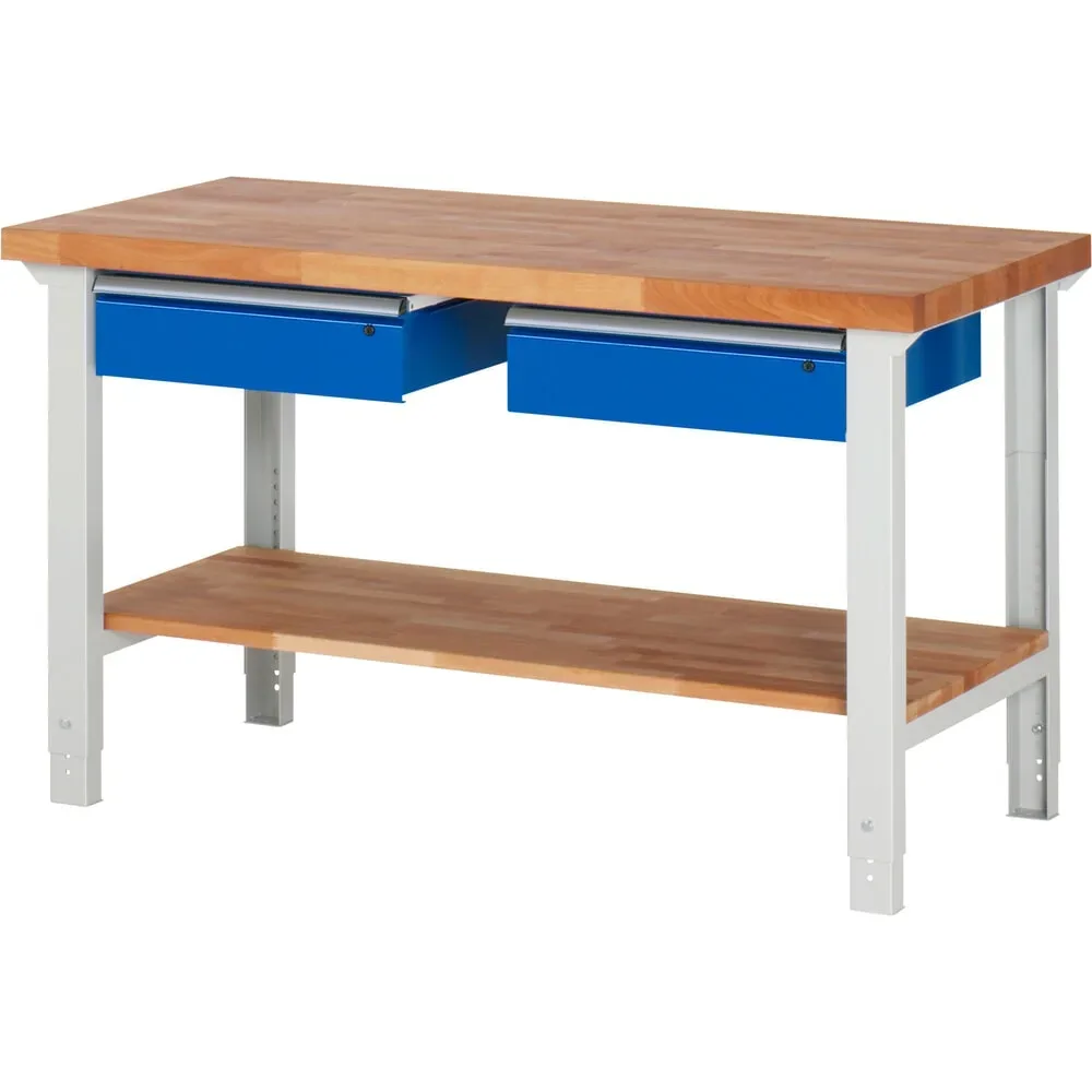 RAU Werkbank Serie 7000, HxBxT 790-1.140 x 1.500 x 700 mm, 1 Ablageboden, 2 Schubladen, ErgoScript