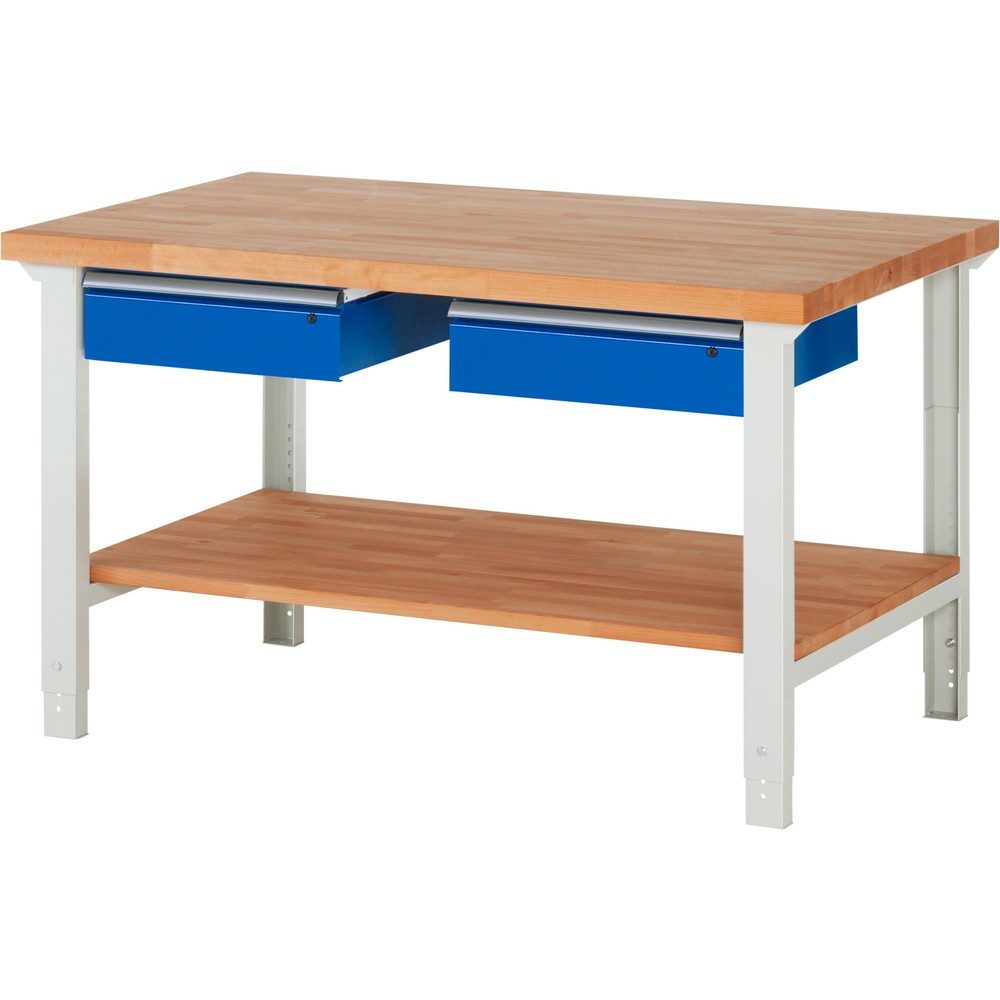 RAU Werkbank Serie 7000, HxBxT 790-1.140 x 1.500 x 900 mm, 1 Ablageboden, 2 Schubladen, ErgoScript