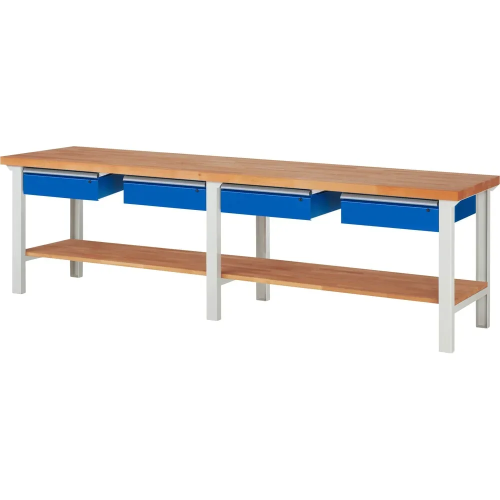 RAU Werkbank Serie 7000, 1 Buche-Massiv-Ablageboden, HxBxT 840 x 3.000 x 700 mm, 4 Schubladen 4 x 150 mm