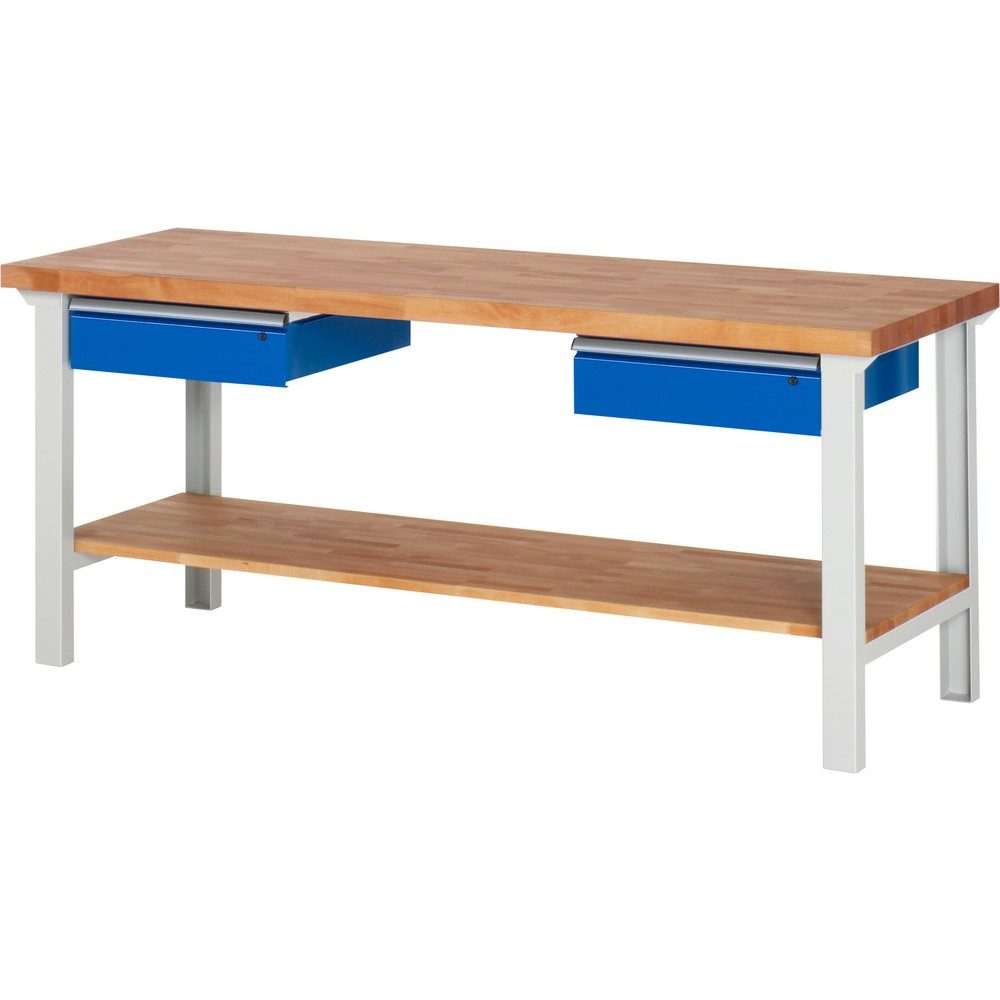 RAU Werkbank Serie 7000, 1 Buche-Massiv-Ablageboden, HxBxT 840 x 2.000 x 700 mm, 2 Schubladen 2 x 150 mm