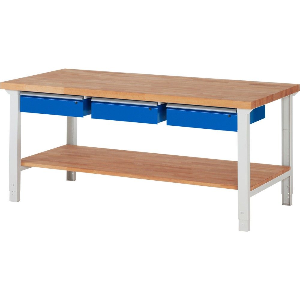RAU Werkbank Serie 7000, 1 Buche-Massiv-Ablageboden, HxBxT 790-1.140 x 2.000 x 900 mm, 3 Schubladen 3 x 150 mm