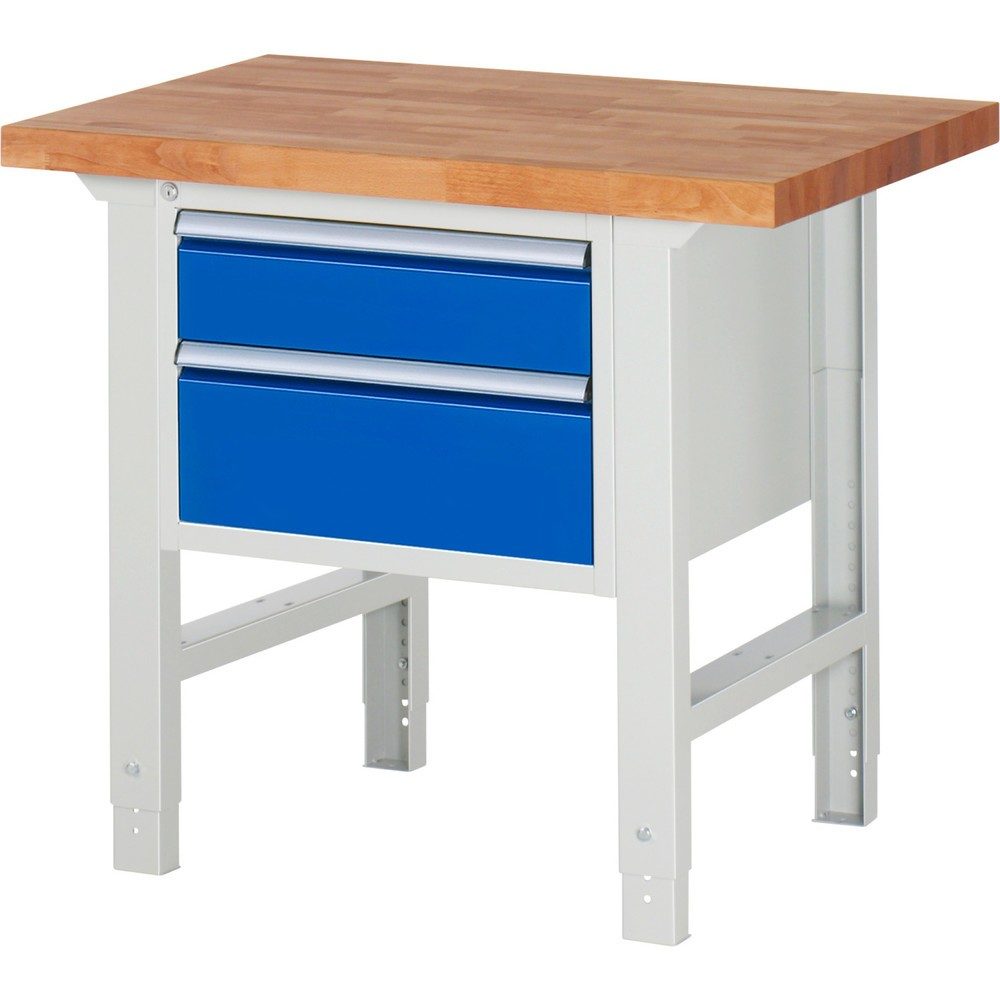 RAU Werkbank Serie 7000, 1 Container, HxBxT 790-1.140 x 1.000 x 700 mm, 2 x 90%-Auszug-Schubladen 1 x 150, 1 x 210 mm