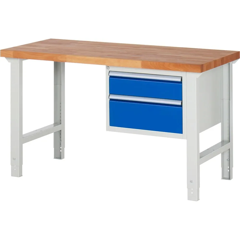 RAU Werkbank Serie 7000, 1 Container, HxBxT 790-1.140 x 1.500 x 700 mm, 2 x 90%-Auszug-Schubladen 1 x 150, 1 x 210 mm