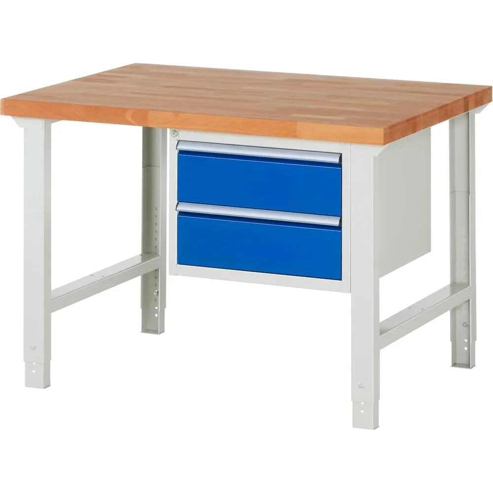 RAU Werkbank Serie 7000, 1 Container, HxBxT 790-1.140 x 1.250 x 900 mm, 2 x 90%-Auszug-Schubladen 2 x 180 mm