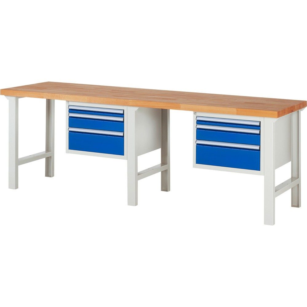 RAU Werkbank Serie 7000, TK 750 kg, 2 Container, HxBxT 840 x 2.500 x 700 mm, 6 x 100%-Auszug-Schubladen 2 x 60 mm, 2 x 120 mm, 2 x 180 mm