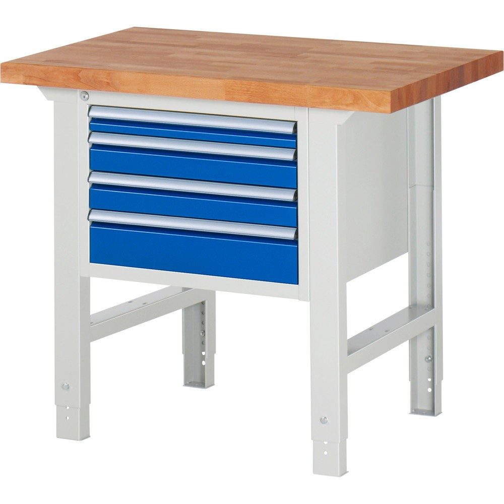 RAU Werkbank Serie 7000, 1 Container, HxBxT 790-1.140 x 1.000 x 700 mm, 4 x 90%-Auszug-Schubladen 1 x 60, 2 x 90, 1 x 120 mm