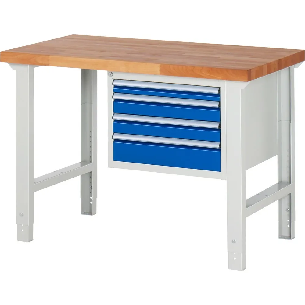 RAU Werkbank Serie 7000, 1 Container, HxBxT 790-1.140 x 1.250 x 700 mm, 4 x 100%-Auszug-Schubladen 1 x 60, 2 x 90, 1 x 120 mm