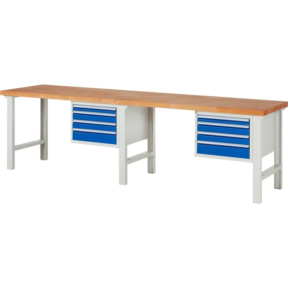 RAU Werkbank Serie 7000, 2 Container, HxBxT 840 x 3.000 x 700 mm, 8 x 100%-Auszug-Schubladen 2 x 60 mm, 4 x 90 mm, 2 x 120 mm, Schubladen-TK 100 kg