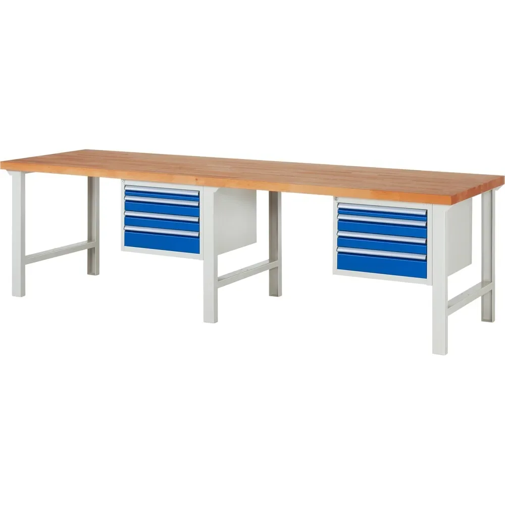 RAU Werkbank Serie 7000, 2 Container, HxBxT 840 x 3.000 x 900 mm, 8 x 90%-Auszug-Schubladen 2 x 60 mm, 4 x 90 mm, 2 x 120 mm