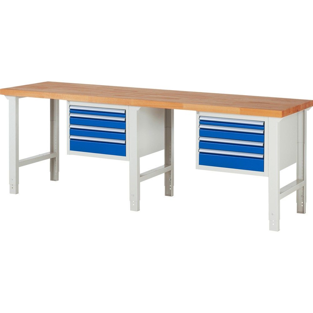 RAU Werkbank Serie 7000, 2 Container, HxBxT 790-1.140 x 2.500 x 700 mm, 8 Schubladen 2 x 60 mm, 4 x 90 mm, 2 x 120 mm