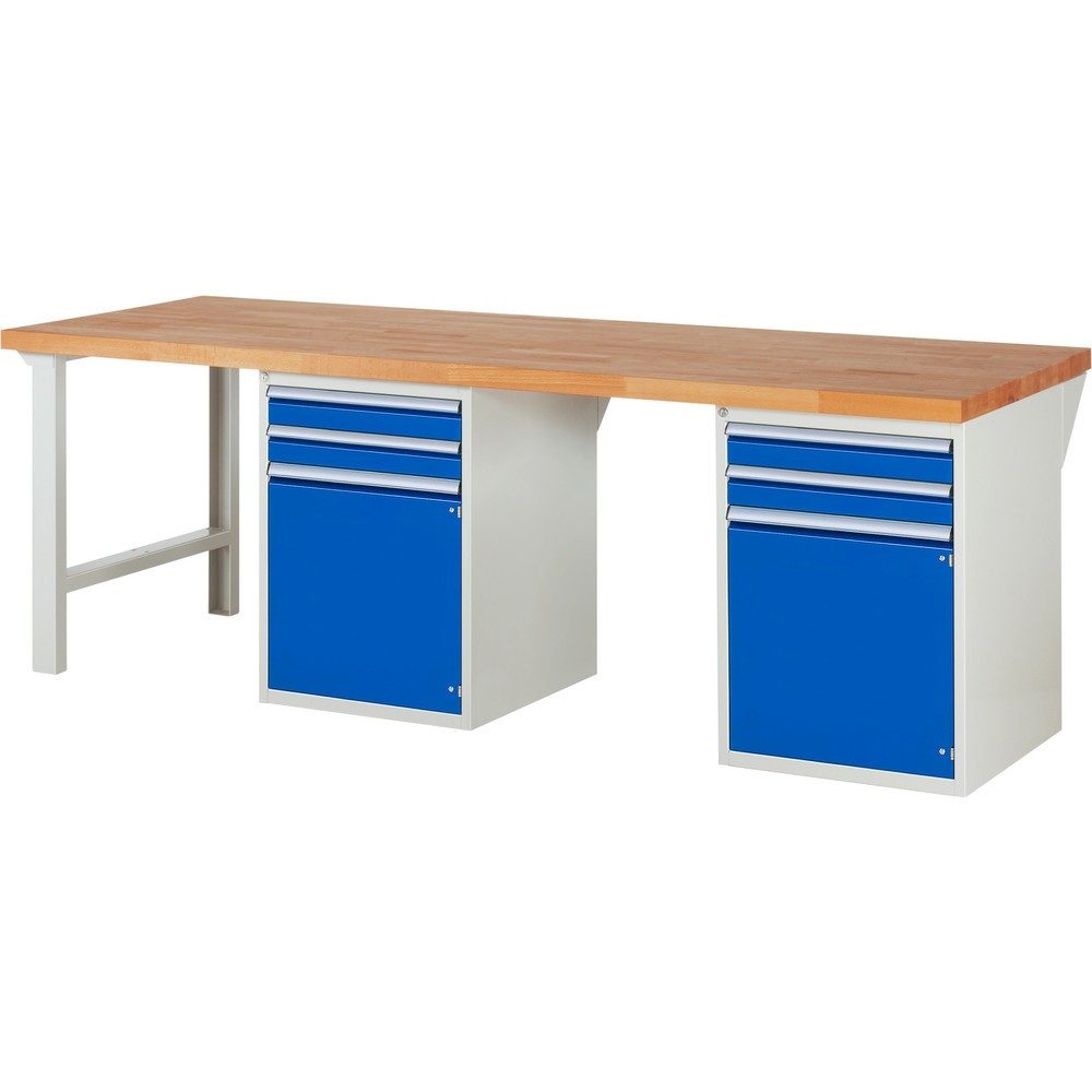 RAU Werkbank Serie 7000, 2 Container, HxBxT 890 x 2.500 x 900 mm, 4 x 90%-Auszug-Schubladen, 1 Fachboden, 2 Flügeltüren