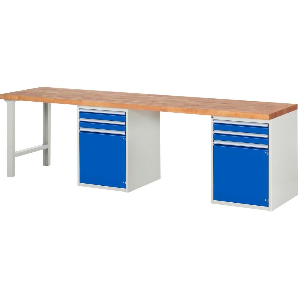 RAU Werkbank Serie 7000, 2 Container, HxBxT 890 x 3.000 x 700 mm, 4 x 100%-Auszug-Schubladen, 1 Fachboden, 2 Flügeltüren