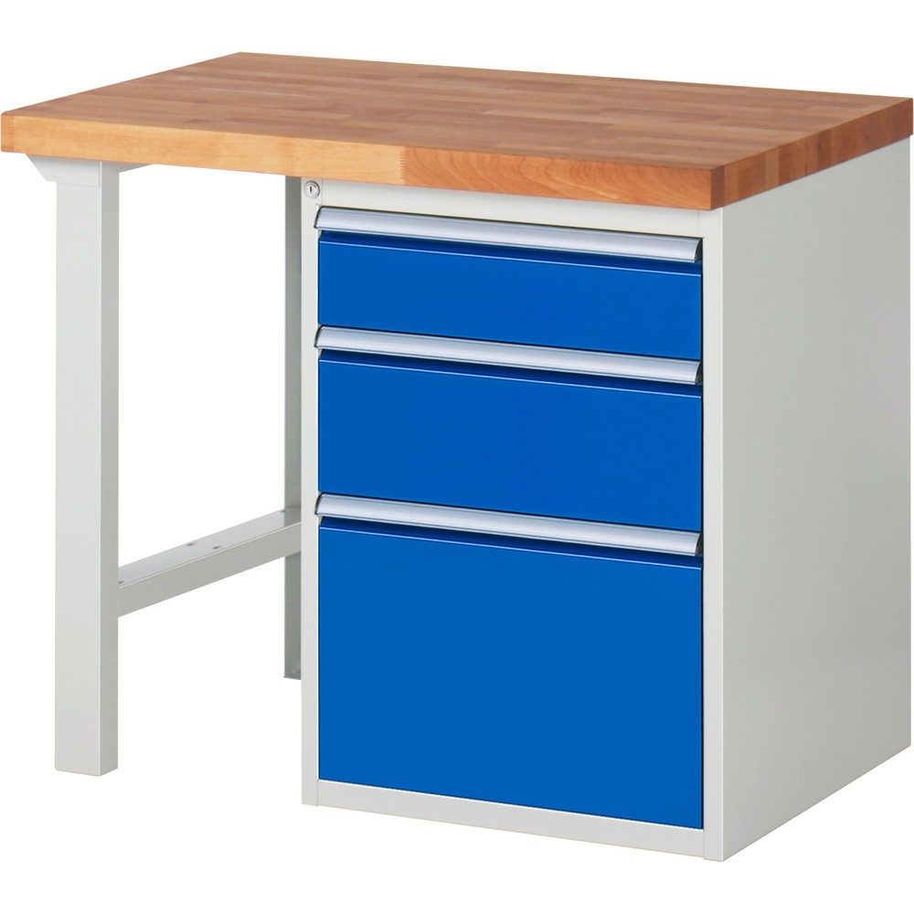 RAU Werkbank Serie 7000, 1 Container, HxBxT 890 x 1.000 x 700 mm, 3 x 90%-Auszug-Schubladen 1 x 150, 1 x 210, 1 x 360 mm, Schubladen-TK 100 kg