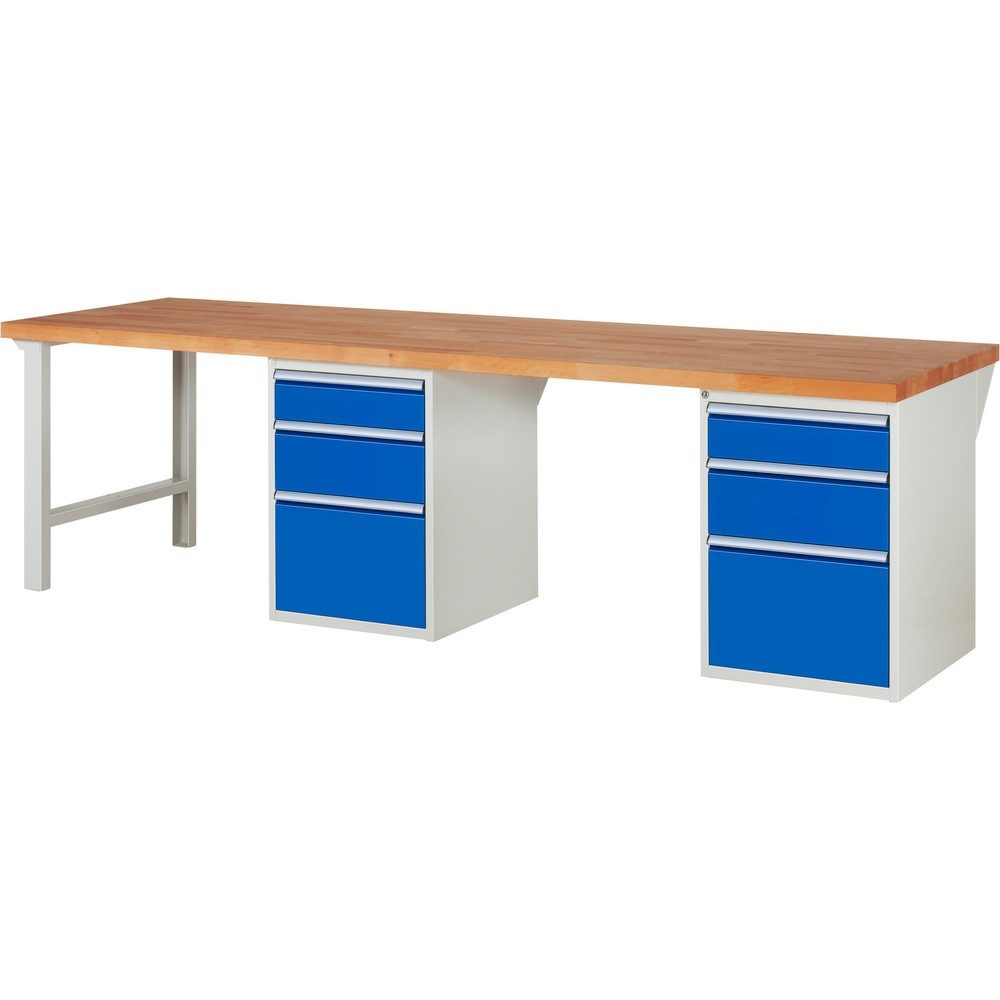 RAU Werkbank Serie 7000, 2 Container, HxBxT 890 x 3.000 x 900 mm, 6 x 90%-Auszug-Schubladen 2 x 150 mm, 2 x 210 mm, 2 x 360 mm