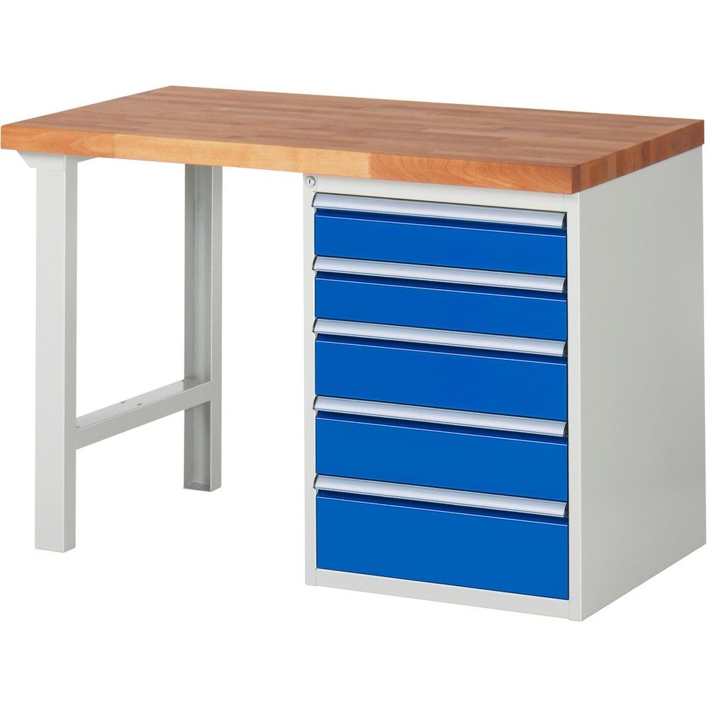 RAU Werkbank Serie 7000, 1 Container, HxBxT 840 x 1.250 x 700 mm, 5 x 100%-Auszug-Schubladen 2 x 120, 2 x 150, 1 x 180 mm, Schubladen-TK 100 kg