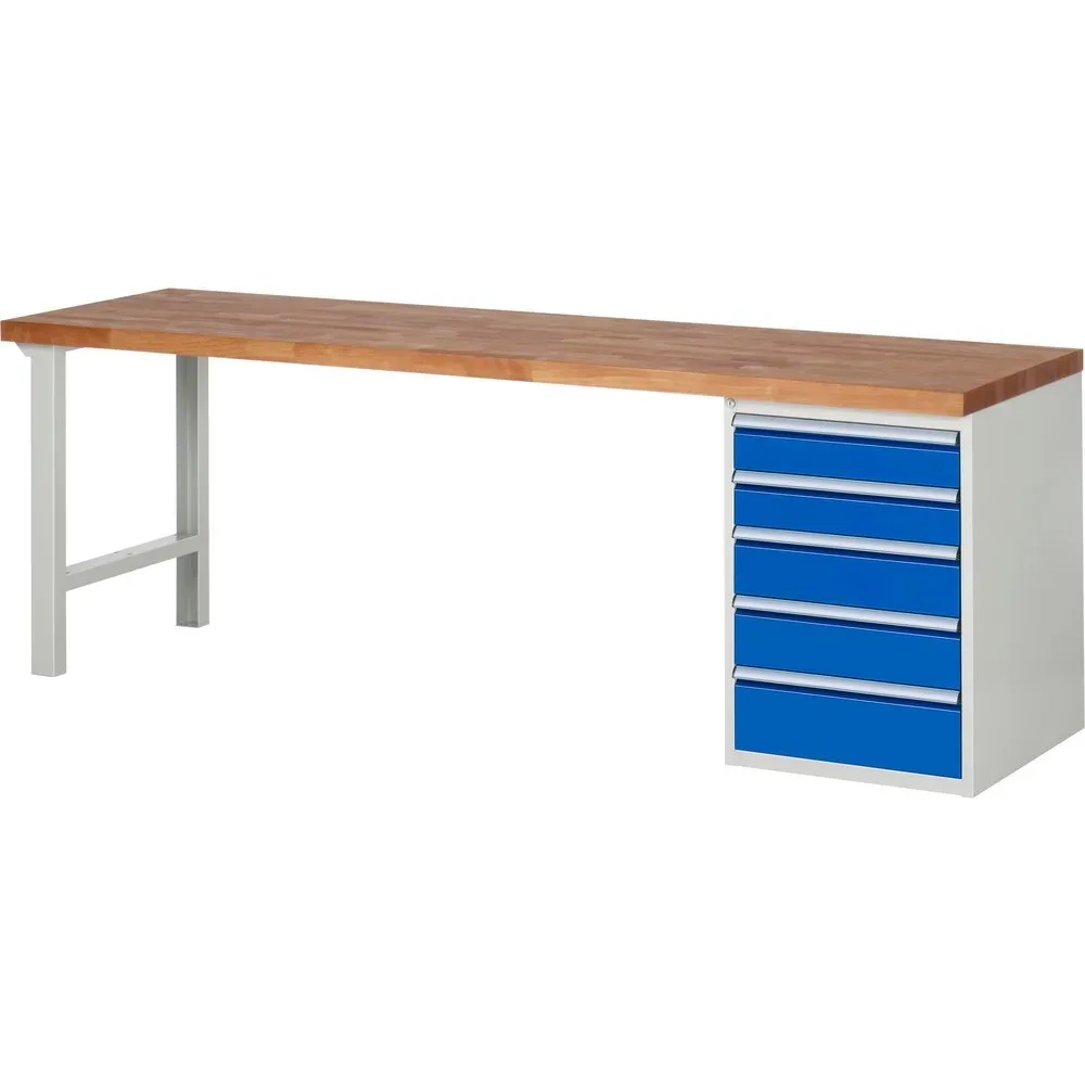 RAU Werkbank Serie 7000, 1 Container, HxBxT 840 x 2.500 x 700 mm, 5 x 100%-Auszug-Schubladen 2 x 120, 2 x 150, 1 x 180 mm, Schubladen-TK 100 kg