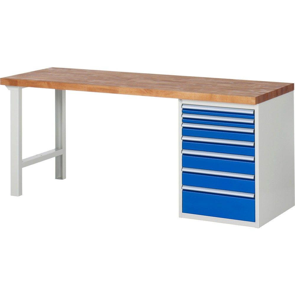 RAU Werkbank Serie 7000, 1 Container, HxBxT 890 x 2.000 x 700 mm, 7 x 100%-Auszug-Schubladen, Schubladen-TK 100 kg