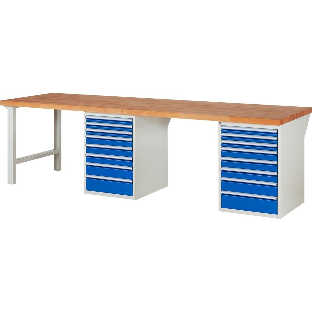 RAU Werkbank Serie 7000, 2 Container, HxBxT 890 x 3.000 x 900 mm, 16 x 100%-Auszug-Schubladen