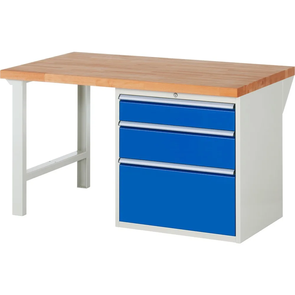 RAU Werkbank Serie 7000, 1 Container, HxBxT 840 x 1.500 x 900 mm, 3 x 90%-Auszug-Schubladen 1 x 150, 1 x 210, 1 x 360 mm, Schubladen-TK 100 kg