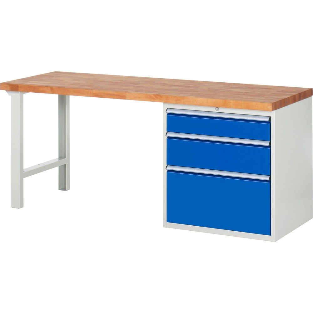 RAU Werkbank Serie 7000, 1 Container, HxBxT 840 x 2.000 x 700 mm, 3 x 90%-Auszug-Schubladen 1 x 150, 1 x 210, 1 x 360 mm, Schubladen-TK 100 kg