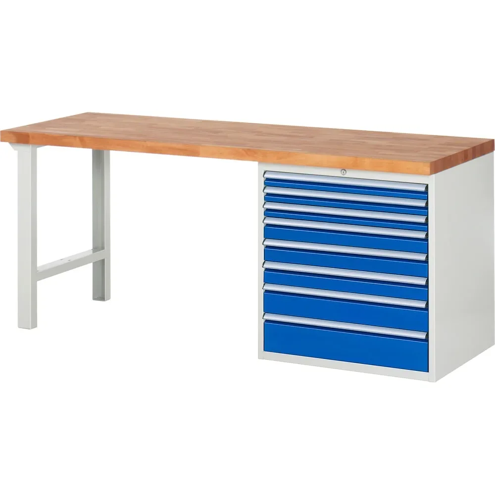RAU Werkbank Serie 7000, 1 Container, HxBxT 840 x 2.000 x 700 mm, 8 x 90%-Auszug-Schubladen, Schubladen-TK 75 kg