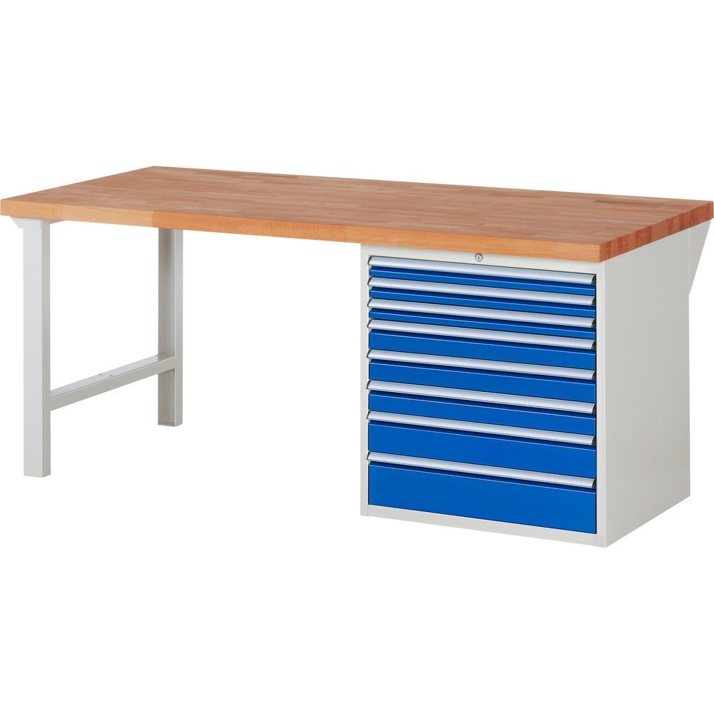 RAU Werkbank Serie 7000, 1 Container, HxBxT 890 x 2.000 x 900 mm, 8 x 100%-Auszug-Schubladen, Schubladen-TK 75 kg