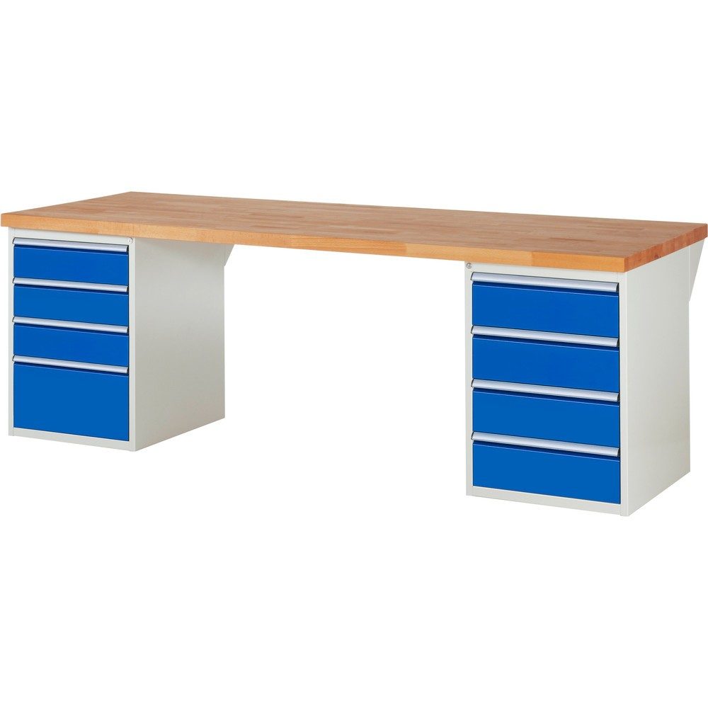 RAU Werkbank Serie 7000, 2 Container, HxBxT 840 x 2.500 x 900 mm, 8 x 90%-Auszug-Schubladen 3 x 150 mm, 4 x 180 mm, 1 x 270 mm