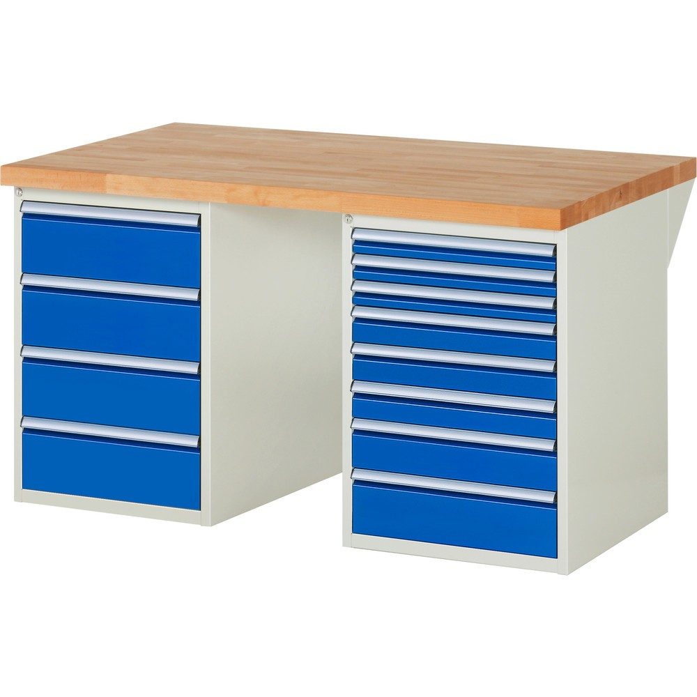 RAU Werkbank Serie 7000, 2 Container, HxBxT 890 x 1.500 x 900 mm, 12 x 90%-Auszug-Schubladen 3 x 60 mm, 3 x 90 mm, 1 x 120 mm, 1 x 150 mm, 4 x 180 mm