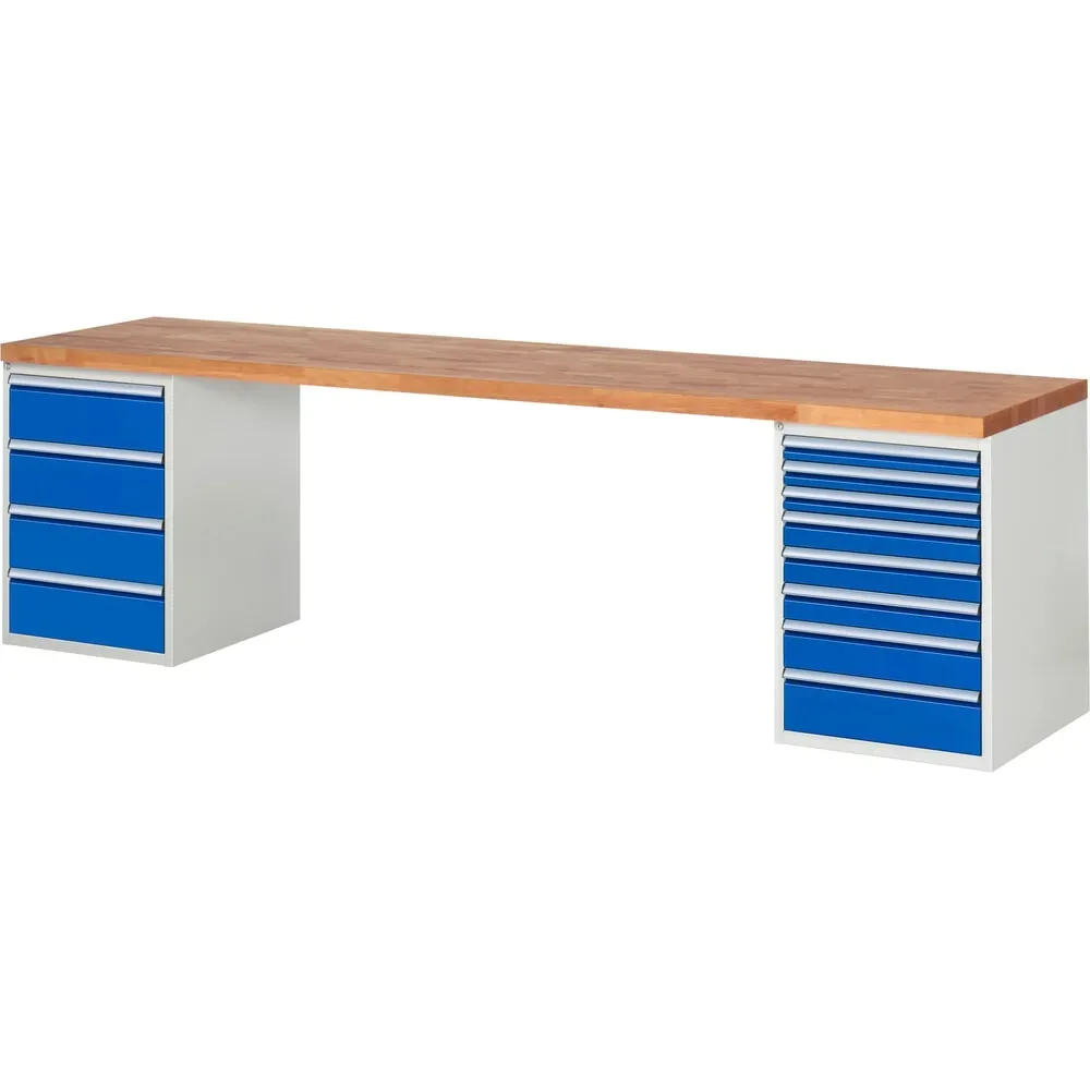 RAU Werkbank Serie 7000, 2 Container, HxBxT 840 x 3.000 x 700 mm, 12 x 90%-Auszug-Schubladen 3 x 60 mm, 3 x 90 mm, 1 x 120 mm, 1 x 150 mm, 4 x 180 mm