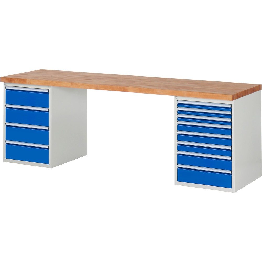 RAU Werkbank Serie 7000, 2 Container, HxBxT 840 x 2.500 x 700 mm, 12 x 100%-Auszug-Schubladen 3 x 60 mm, 3 x 90 mm, 1 x 120 mm, 1 x 150 mm, 4 x 180 mm