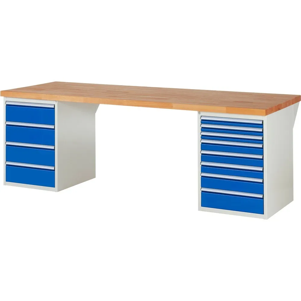 RAU Werkbank Serie 7000, 2 Container, HxBxT 890 x 2.500 x 900 mm, 12 x 100%-Auszug-Schubladen 3 x 60 mm, 3 x 90 mm, 1 x 120 mm, 1 x 150 mm, 4 x 180 mm