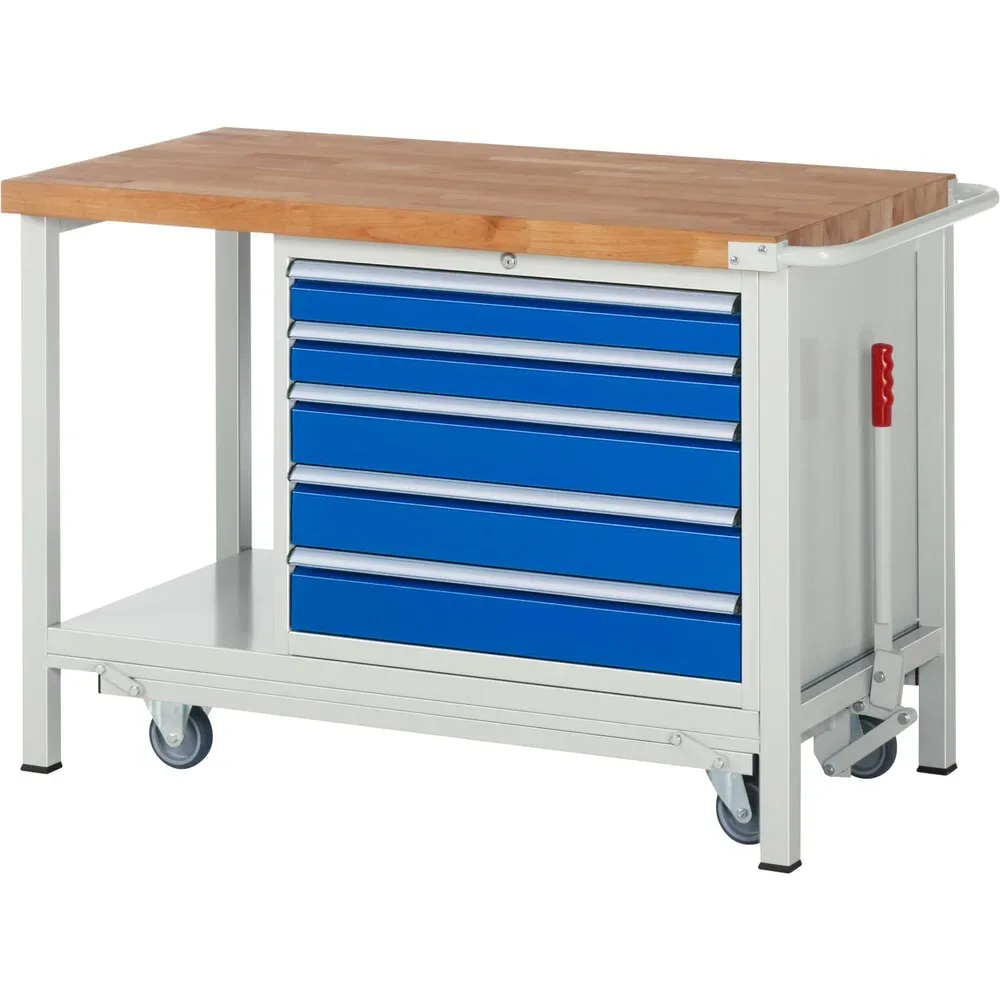 RAU Werkbank Serie 8000 mit absenkbarem Fahrgestell, 1 Container, 1 Ablageboden, HxBxT 880 x 1.250 x 700 mm, 5 x 90%-Auszug-Schubladen, Breite 680 mm