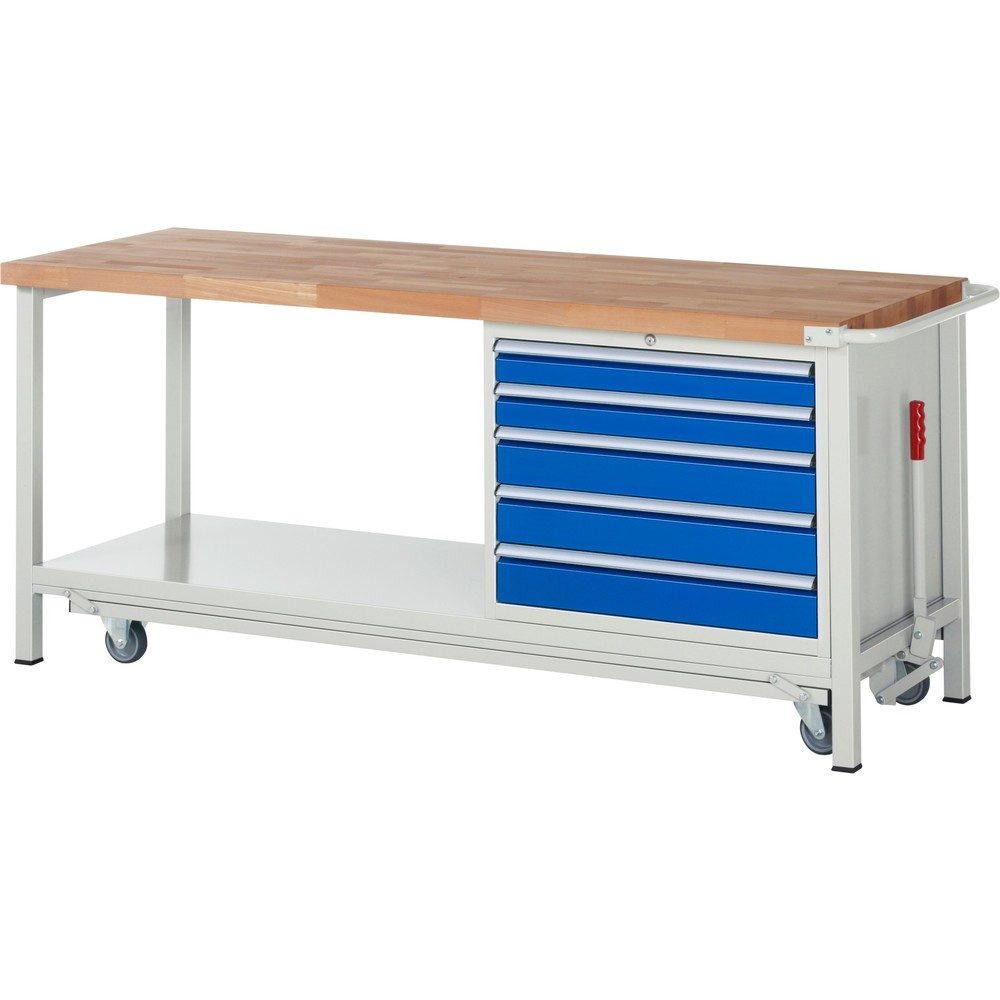 RAU Werkbank Serie 8000 mit absenkbarem Fahrgestell, 1 Container, 1 Ablageboden, HxBxT 880 x 2.000 x 700 mm, 5 x 100%-Auszug-Schubladen, Breite 680 mm