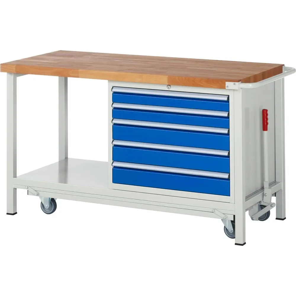 RAU Werkbank Serie 8000 mit absenkbarem Fahrgestell, 1 Container, 1 Ablageboden, HxBxT 880 x 1.500 x 700 mm, 5 x 100%-Auszug-Schubladen, Breite 680 mm