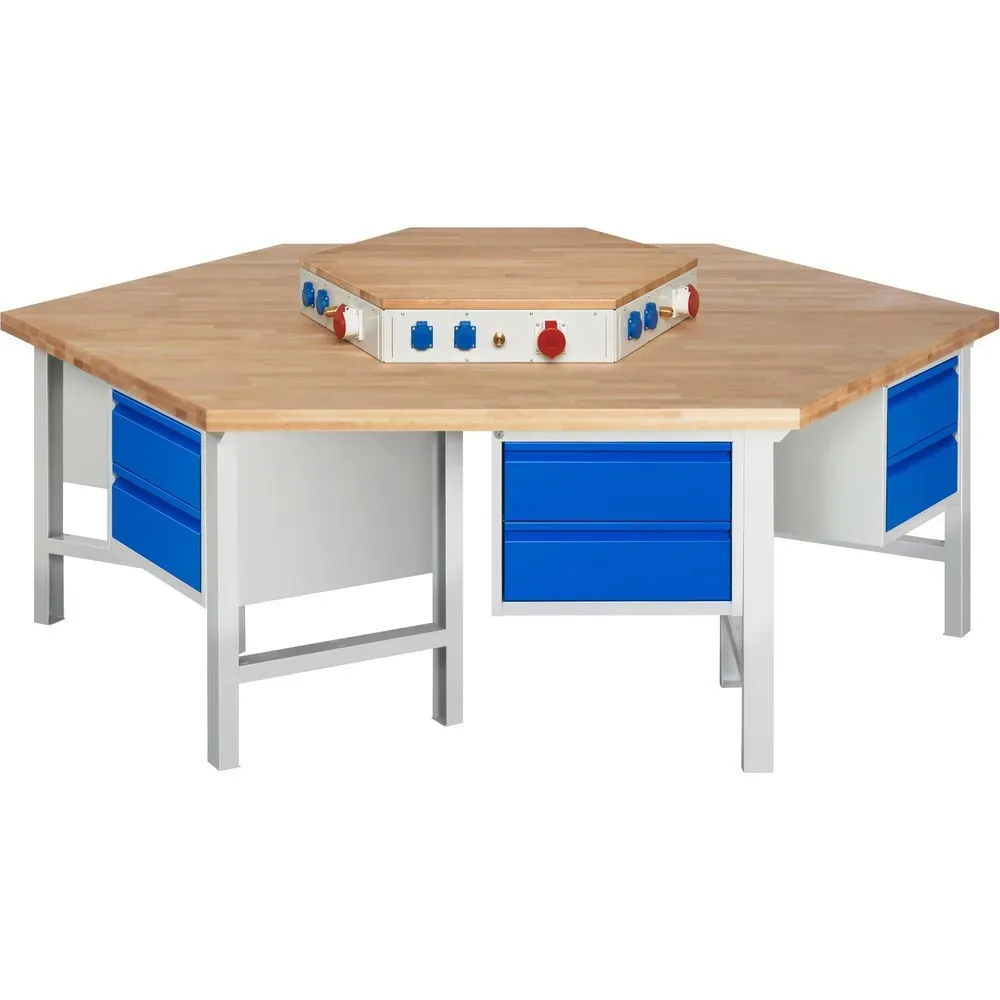 RAU Gruppenwerkbank Serie 4000, Energieaufsatz, 6 Container, HxBxT 840 x 2.700 x 2.340 mm, 12 x 90%-Auszug-Schubladen mit Griffkantung