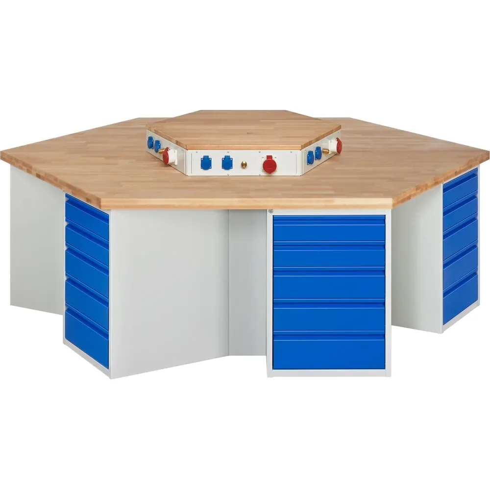 RAU Gruppenwerkbank Serie 4000, Energieaufsatz, 6 Container, HxBxT 840 x 2.700 x 2.340 mm, 30 x 90%-Auszug-Schubladen 12 x 120 mm, 12 x 150 mm, 6 x 180 mm